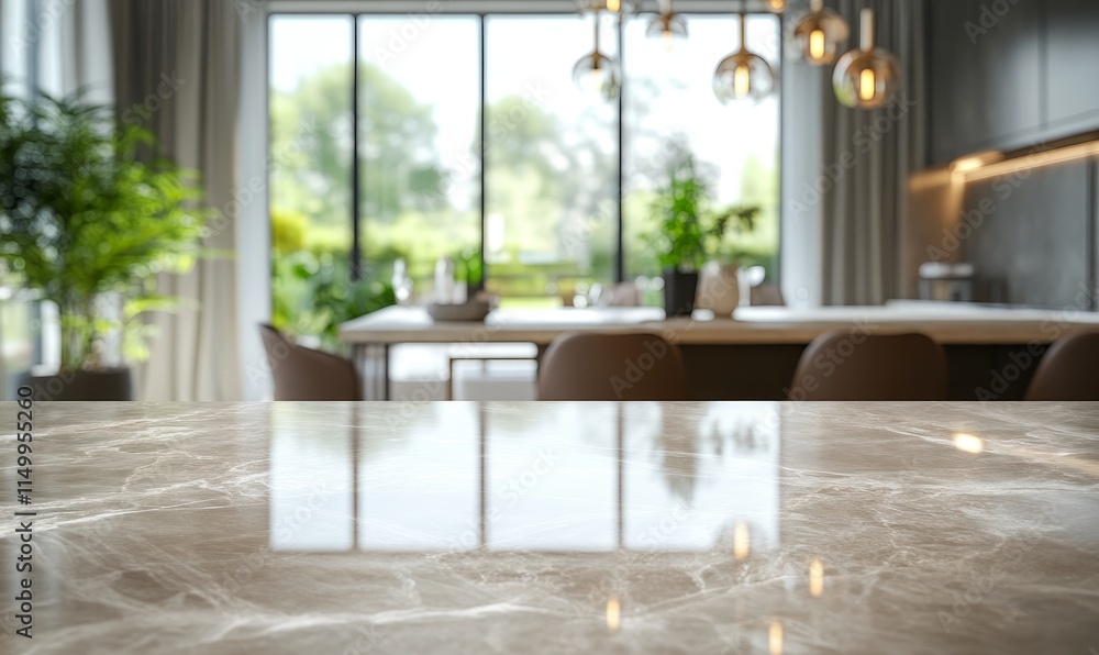 Obraz premium Modern kitchen counter, blurred background, sunlight.