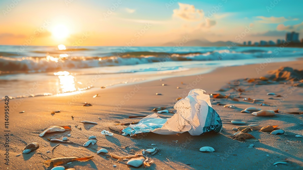 A plastic bag lays on the sand of a beach at sunset. A plastic bag lays on the sand of a beach at sunset.