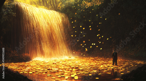 A waterfall flowing with liquid gold, cascading into a pool of coins, while a person stands nearby, contemplating their next steps in financial prosperity. 