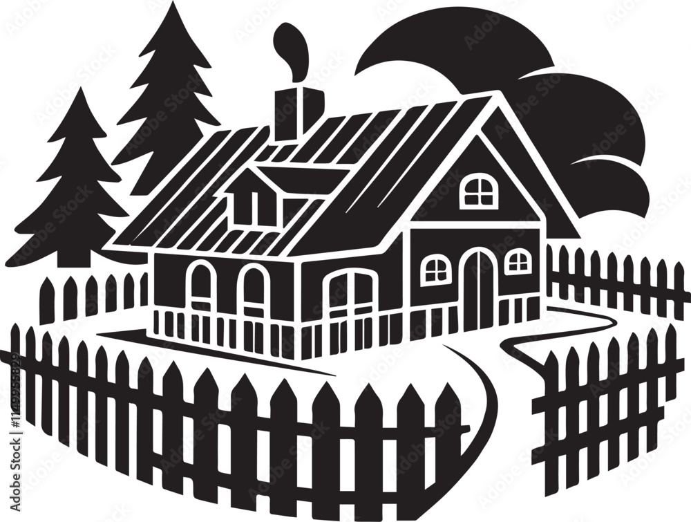 Fototapeta premium A black and white illustration of a house icon with a chimney and a slanted roof. The house is surrounded by a fence and has a path leading to it. There are trees in the background. The overall image 