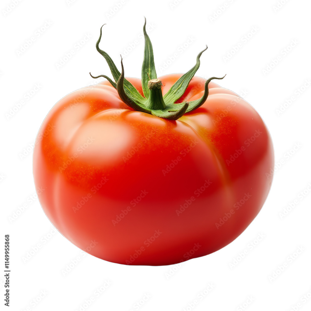 Ripe red tomato with green stem and leaves, ready for harvest Ripe red tomato with green stem and leaves, ready for harvest