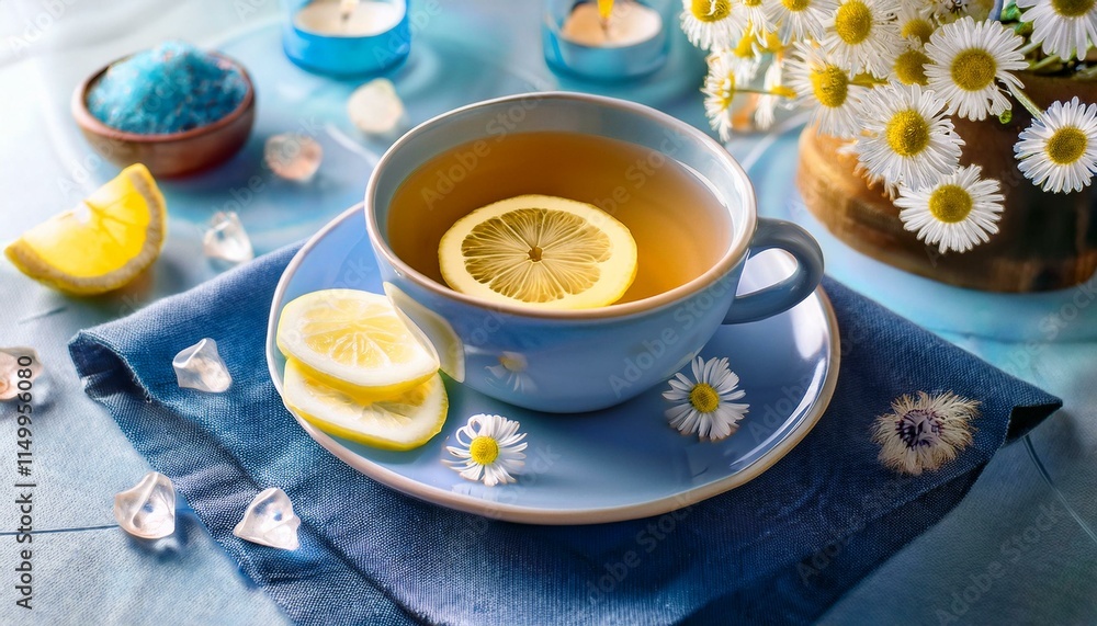 Generated image A cup of chamomile tea with lemon slices on a blue napkin, surrounded by calming elements Generated image A cup of chamomile tea with lemon slices on a blue napkin, surrounded by calming elements