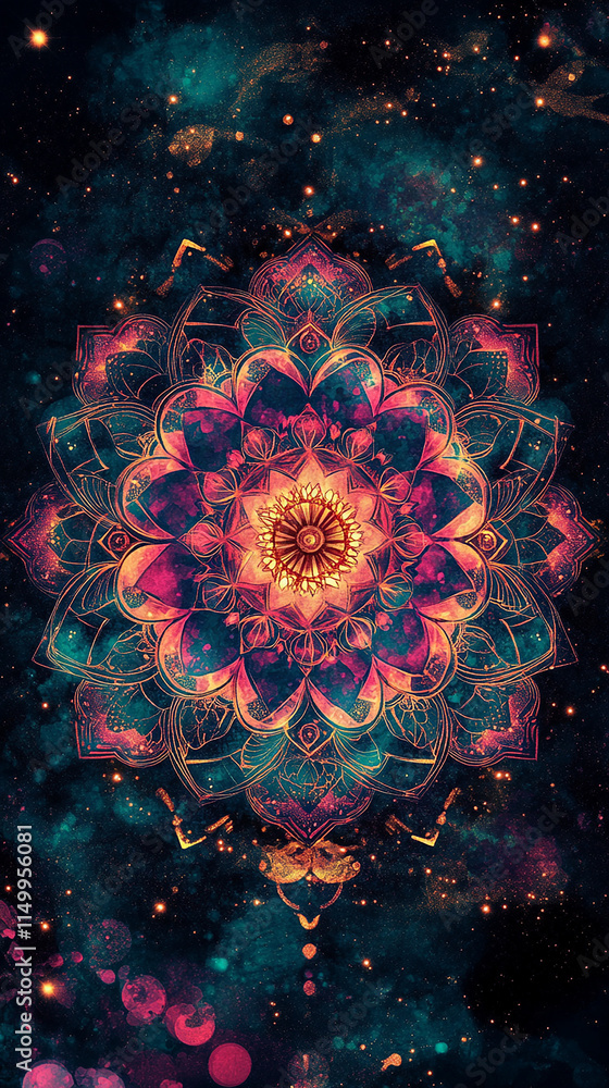 A glowing mandala pattern radiating vibrant colors A glowing mandala pattern radiating vibrant colors