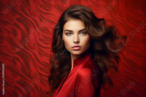 Beautiful Young Model Posing for an Advertising Photograph on a Red Background