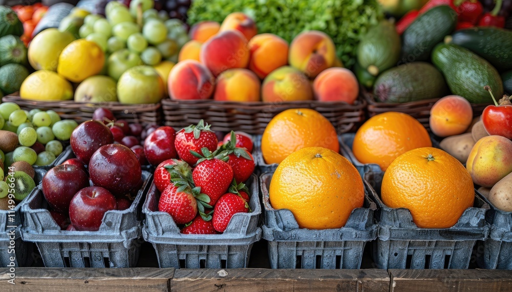 Colorful Fresh Fruits Displayed In Baskets And Boxes Colorful Fresh Fruits Displayed In Baskets And Boxes