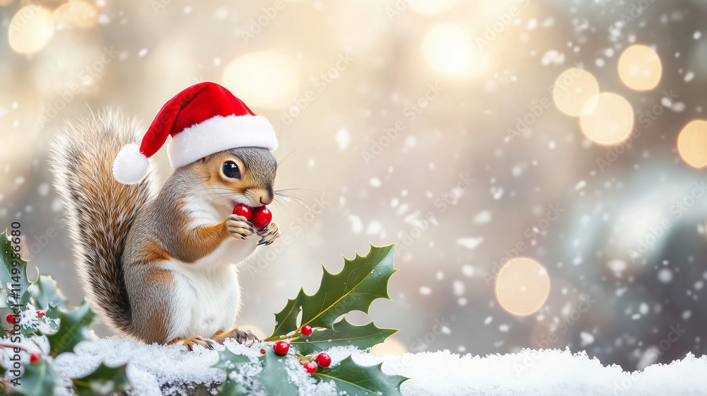 A cute squirrel perched on a snowy branch, donning a small Santa hat and nibbling on a holly berry. The snowy ground is dotted with holly leaves, and the background features softly A cute squirrel perched on a snowy branch, donning a small Santa hat and nibbling on a holly berry. The snowy ground is dotted with holly leaves, and the background features softly