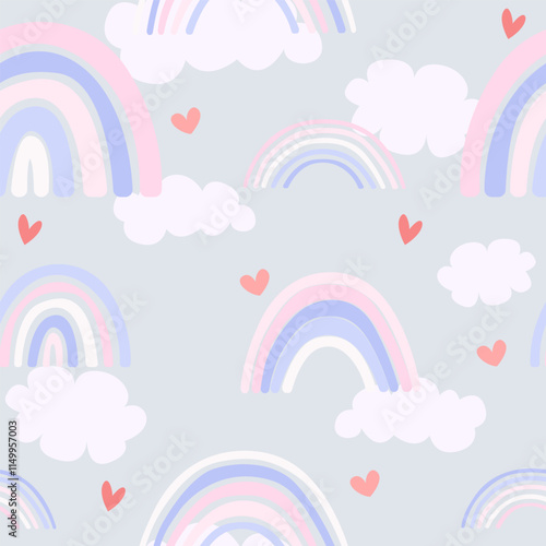 Cute seamless pattern of pastel rainbow with clouds and hearts on light gray background