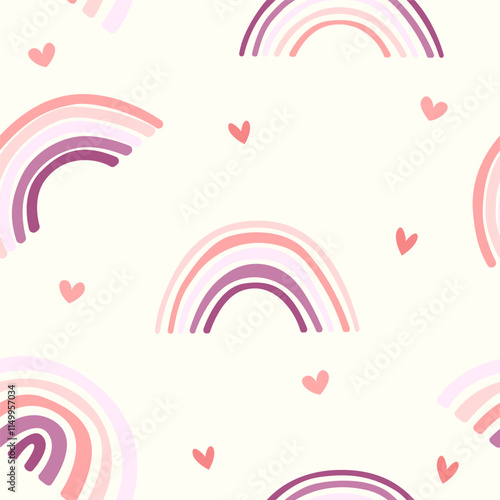 Colorful pink toned rainbow seamless pattern with little hearts on pastel yellow background