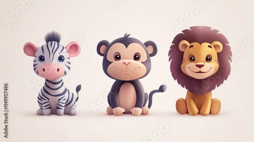 Cute jungle animal. Cartoon african animals, monkey zebra lion. Safari baby child zoo, savanna wildlife. Isolated flat exotic decent vector characters photo