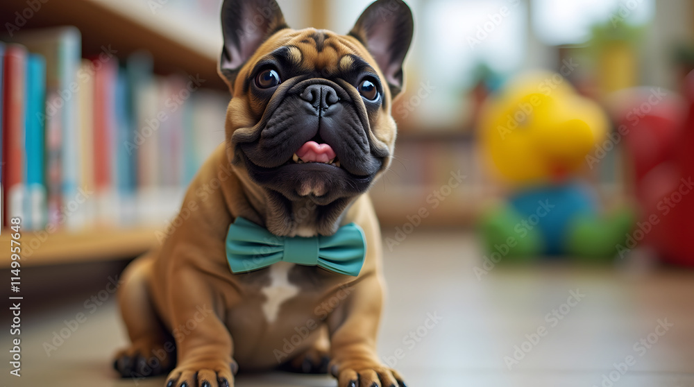 French Bulldog Wearing a Bow Tie Sitting in a Children's Library ...