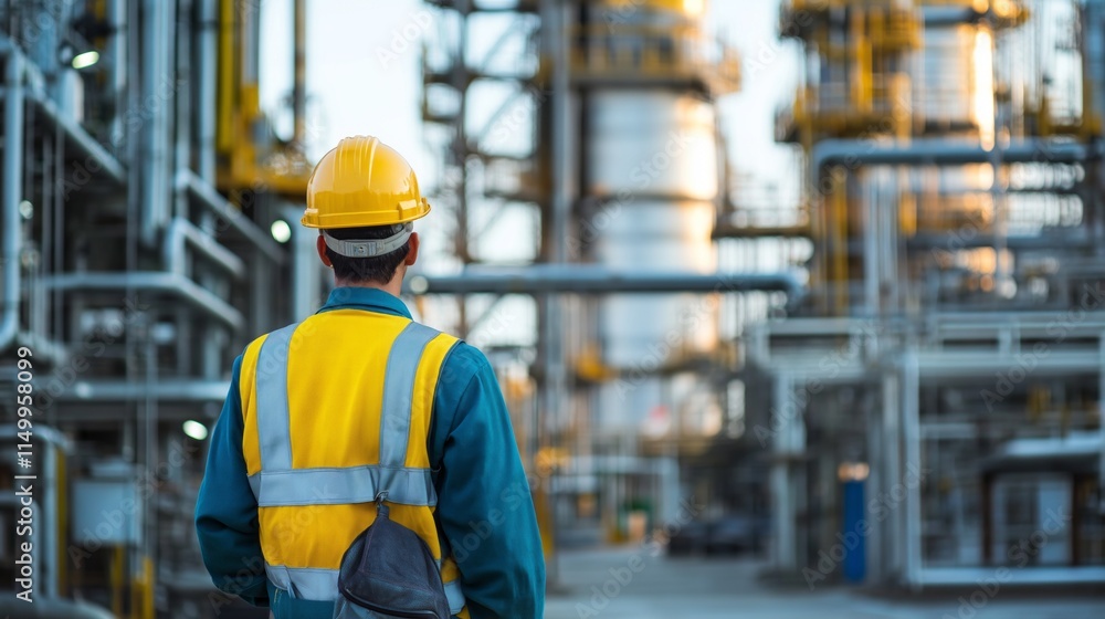 A factory worker, wearing a hard hat and safety gear, confidently walks through an industrial facility. Sunlight highlights the intricate machinery around him, emphasizing the bustling environment A factory worker, wearing a hard hat and safety gear, confidently walks through an industrial facility. Sunlight highlights the intricate machinery around him, emphasizing the bustling environment