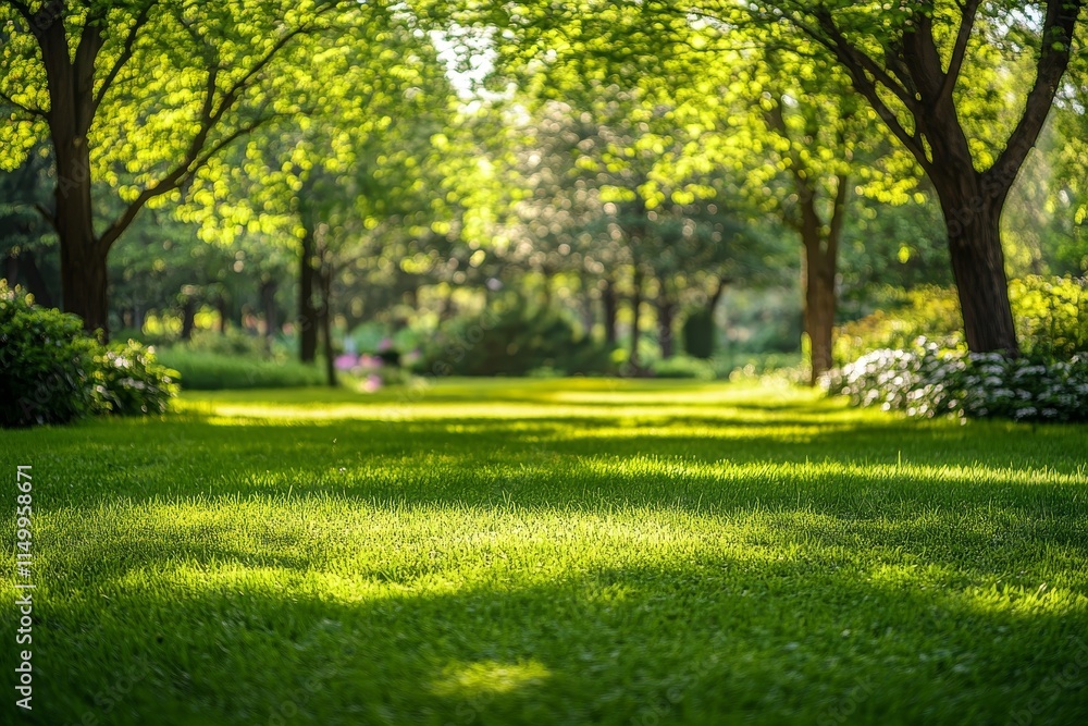 Lush green park with sunlit grass and trees. Lush green park with sunlit grass and trees.