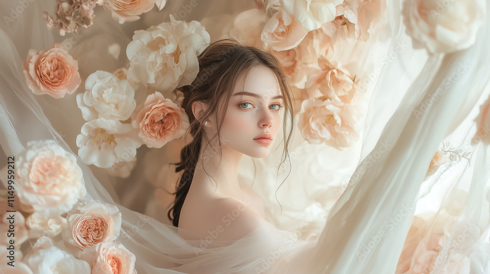 Elegant Photo Backdrop with Silk Drapes, Large Flowers, and Soft Lighting - Perfect for Sophisticated Shoots Elegant Photo Backdrop with Silk Drapes, Large Flowers, and Soft Lighting - Perfect for Sophisticated Shoots
