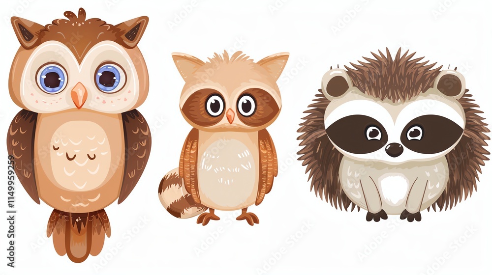 Fototapeta premium An illustration of a cute owl, raccoon, and hedgehog.