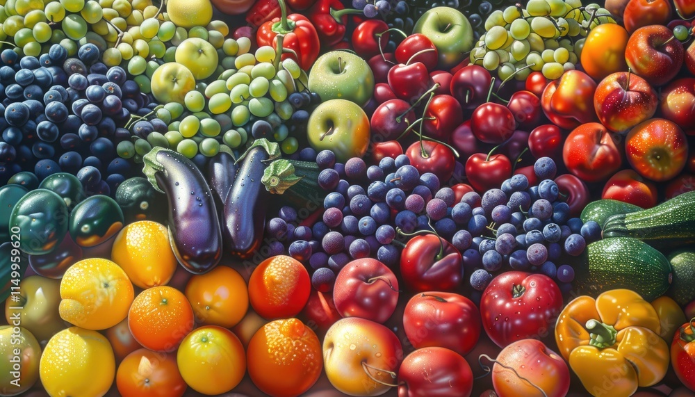 A vibrant still life of assorted fresh fruits and vegetables A vibrant still life of assorted fresh fruits and vegetables