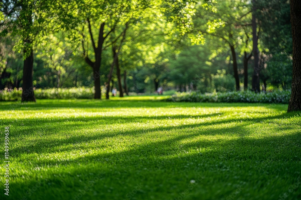 Lush green park with sunlight dappling through trees. Lush green park with sunlight dappling through trees.