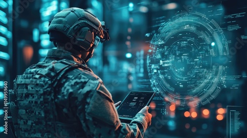 Soldier using advanced technology in the night.