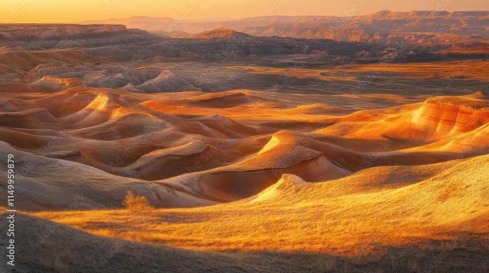 Naklejka premium Golden Sunset Hues Over Undulating Desert Landscape