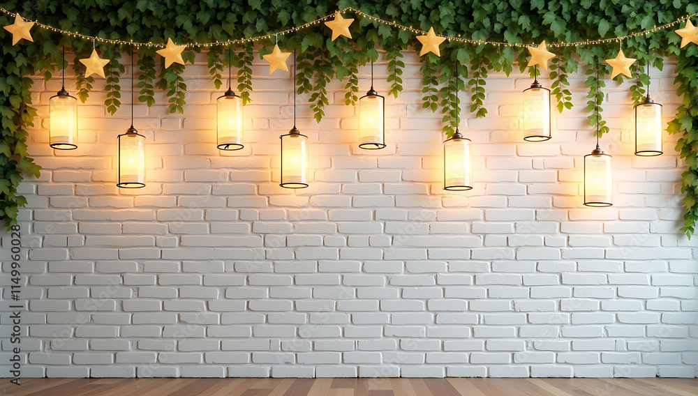 A festive and serene Ramadan decoration, beautifully lit lanterns and ornaments lights on a white brick wall, complemented by green ivy draping softly along the top. A festive and serene Ramadan decoration, beautifully lit lanterns and ornaments lights on a white brick wall, complemented by green ivy draping softly along the top.
