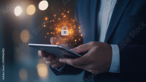 A businessman uses a tablet to access sensitive business and financial data, with a virtual padlock icon symbolizing robust cybersecurity measures protecting the information. The s photo