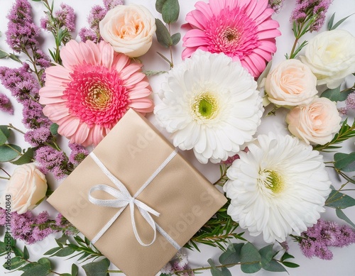 A beautifully arranged pastel flower bouquet with pink roses, white eustomas, and a peach gerbera in elegant wrapping. A perfect choice for greeting cards, wedding invitations, romantic gifts, and flo photo