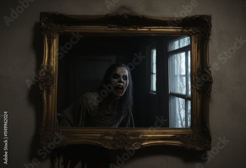 Haunting Reflection in a Dimly Lit Room
