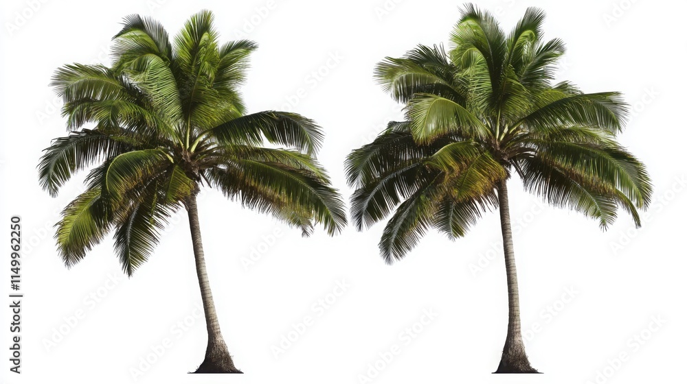 Obraz premium Coconut palm trees with green fronds and slender trunks on a white background.
