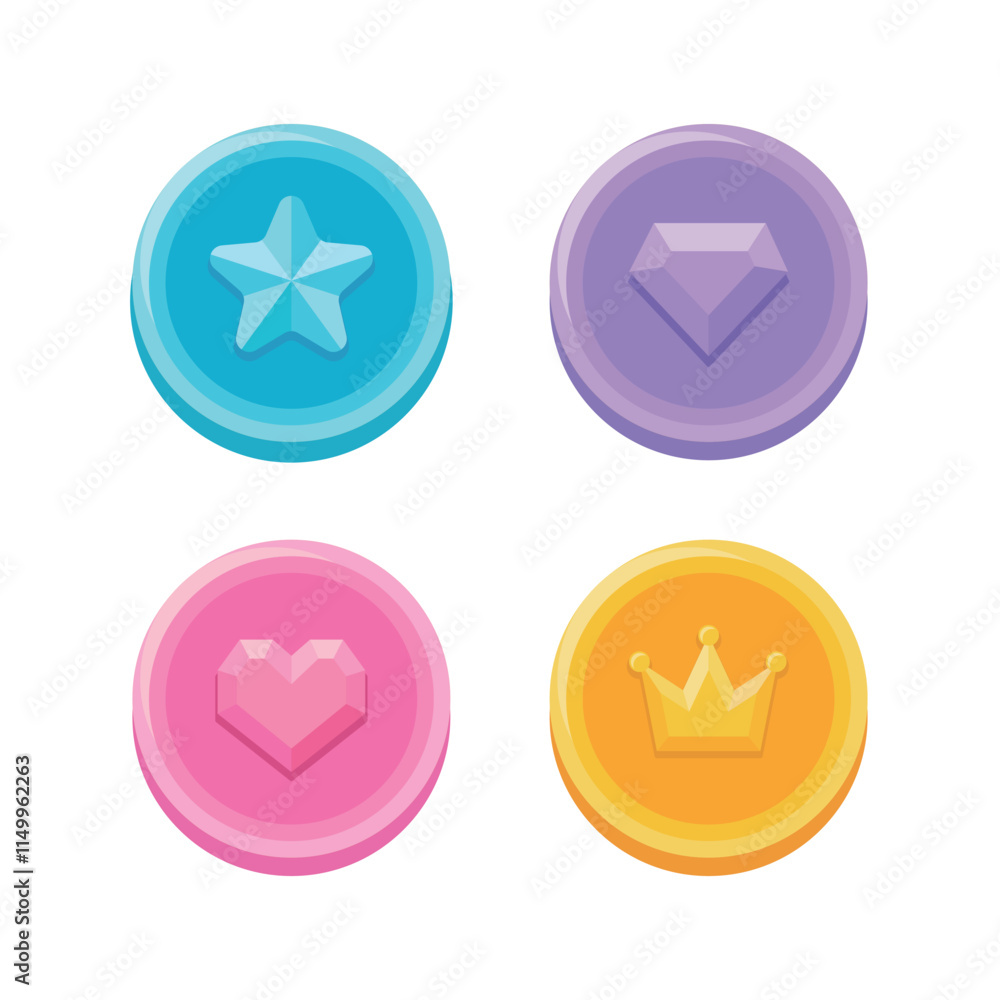 A set of illustration icons containing concepts such as shiny gold coins, medals, points, money, jewel, game coin, etc. The medals have shapes such as stars, diamonds, jewels, hearts, and crowns. A set of illustration icons containing concepts such as shiny gold coins, medals, points, money, jewel, game coin, etc. The medals have shapes such as stars, diamonds, jewels, hearts, and crowns.