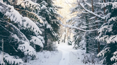 Snow-covered pine trees creating a natural cathedral with a pathway through the forest, showcasing the stunning and serene beauty of a winter landscape