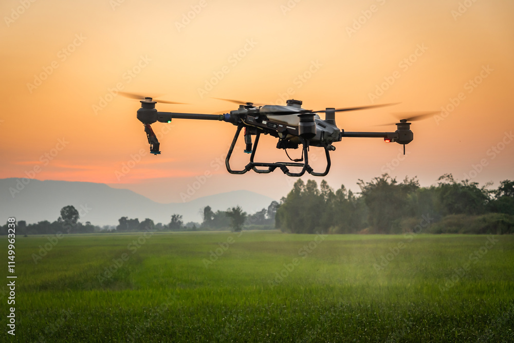 Smart farm with drone, Agriculture drone fly to sprayed fertilizer on the rice fields in the evening. Smart farm with drone, Agriculture drone fly to sprayed fertilizer on the rice fields in the evening.