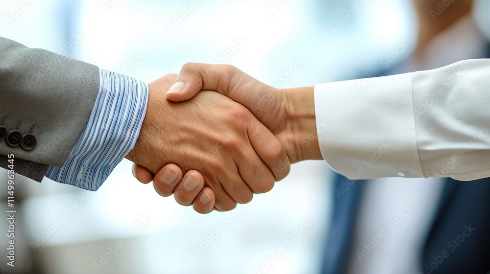 Two business individuals clasp hands in a strong handshake, symbolizing trust and collaboration. The contemporary office environment emphasizes professional relationships and networking
