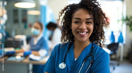 Free Download A smiling female nurse with curly hair, wearing a blue medical scrubs and a stethoscope around her neck. - GFXLoad