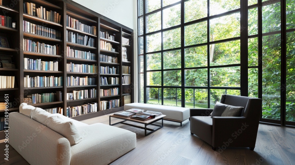 Cozy reading nook with bookshelf modern home interior design natural light contemporary style Cozy reading nook with bookshelf modern home interior design natural light contemporary style