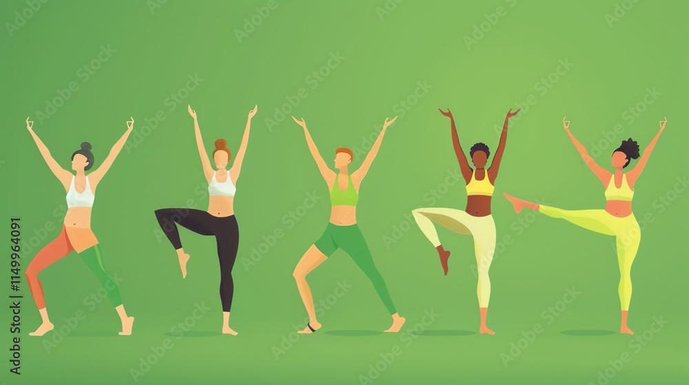 Fototapeta premium Five women of different ethnicities are doing yoga poses.