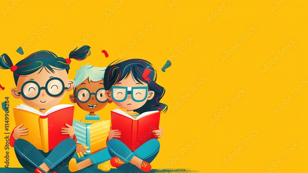 Fototapeta premium A cartoon illustration of three children reading books, with a yellow background.