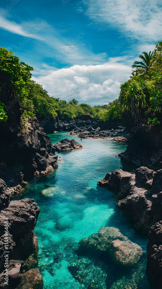 A serene tropical landscape with clear water, lush greenery, and rocky formations. A serene tropical landscape with clear water, lush greenery, and rocky formations.