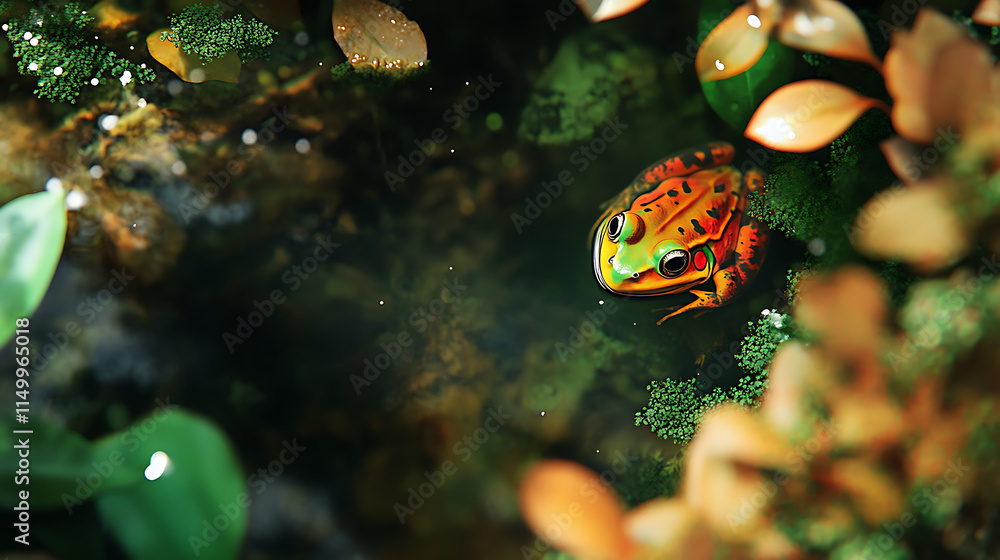 An American bullfrog camouflaged among aquatic plants in a pond, with its vibrant colors standing out subtly against the green
An American bullfrog camouflaged among aquatic plants in a pond, with its vibrant colors standing out subtly against the green