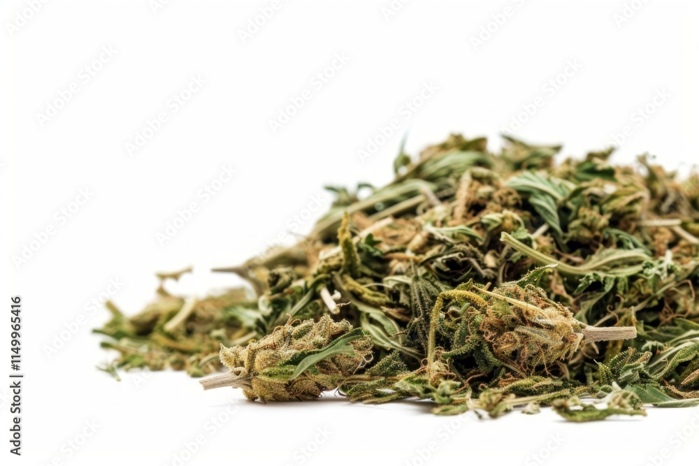 Cannabis flowers forming a small pile on a white background, ideal for medical or recreational purposes Cannabis flowers forming a small pile on a white background, ideal for medical or recreational purposes
