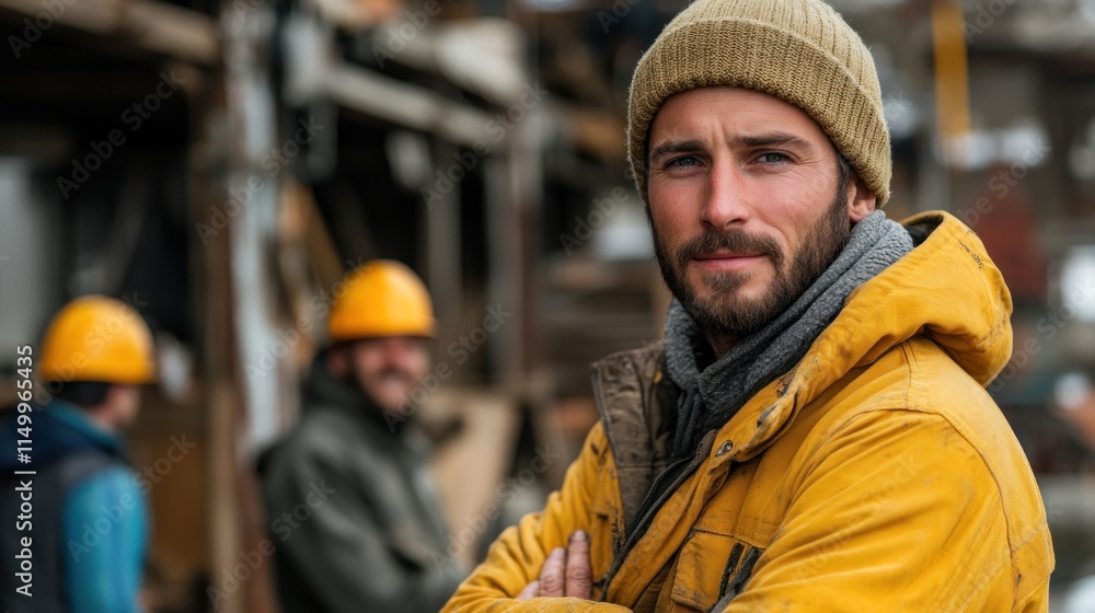 A confident worker in a yellow jacket and beanie stands in an industrial setting. A confident worker in a yellow jacket and beanie stands in an industrial setting.