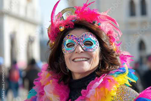 mujer de mediana edad con mascara y gorro de carnaval, posando sonriente sobre fondo de una bella plaza veneciana. Concepto Carnaval photo