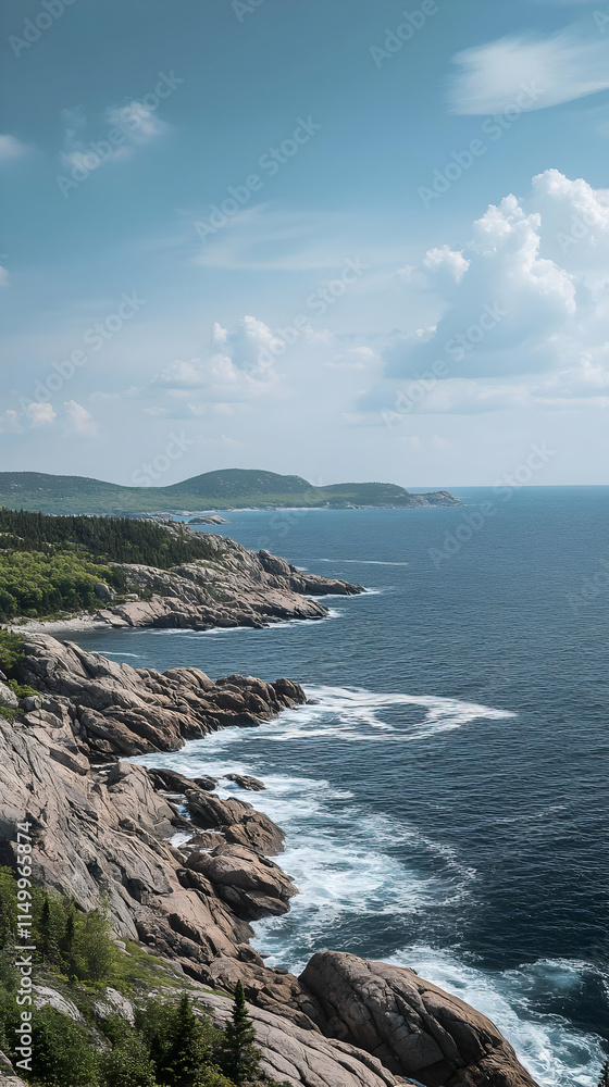 A serene coastal landscape with rocky shores and gentle waves under a blue sky. A serene coastal landscape with rocky shores and gentle waves under a blue sky.