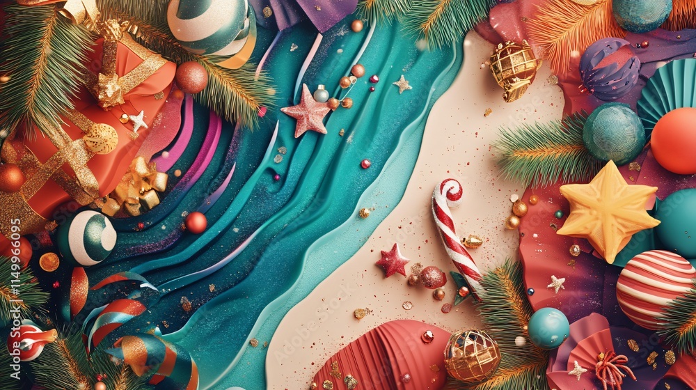 Naklejka premium Festive new year celebration holiday setting decorative elements vibrant colors top-down view joyful atmosphere