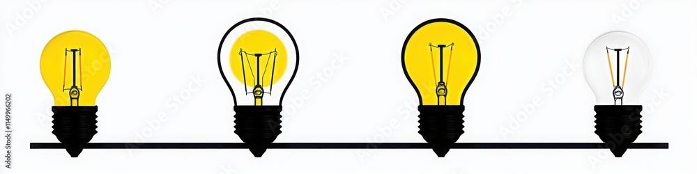 Light bulbs with glowing yellow and white filaments arranged in a row, displayed on a white background, showcasing different bulb designs and brightness levels.
Light bulbs with glowing yellow and white filaments arranged in a row, displayed on a white background, showcasing different bulb designs and brightness levels.