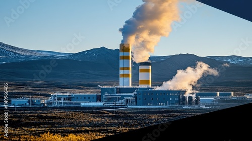 Wallpaper Mural Geothermal power plant emitting steam against a mountain backdrop at sunrise. Torontodigital.ca