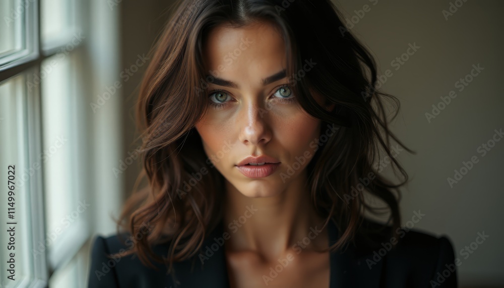 A woman looking out of a window with a serious look on her face A woman looking out of a window with a serious look on her face