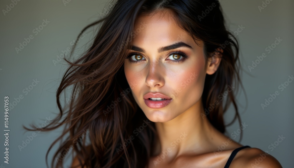 A woman with long brown hair is posing for a picture A woman with long brown hair is posing for a picture