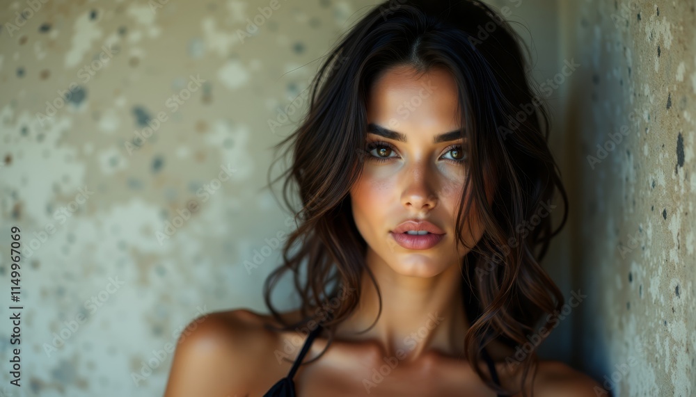 A woman in a black bikini leaning against a wall A woman in a black bikini leaning against a wall