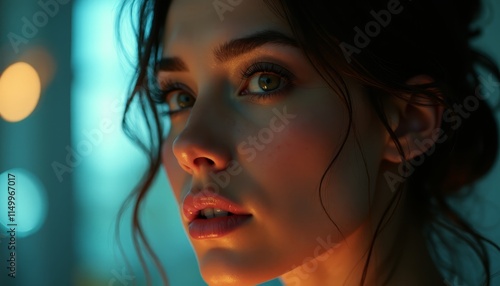  A close up of a woman's face with a blurry background