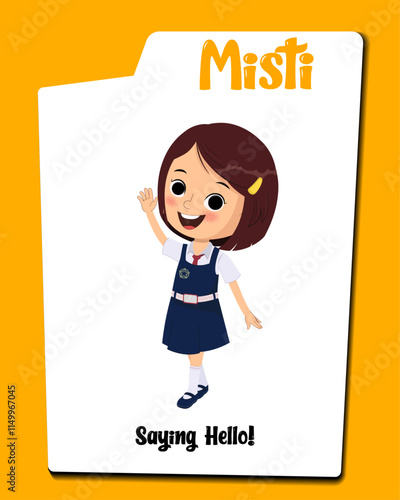 Cute little girl saying hello cartoon vector. School girl waving hello cartoon. Girl waving hello illustration.
