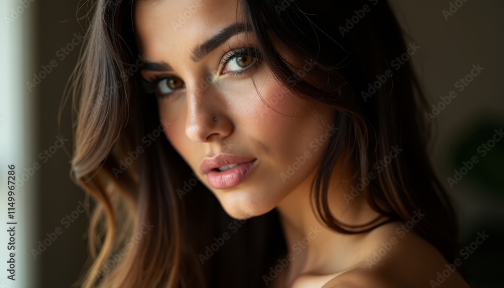 A woman with long brown hair and blue eyes looking at the camera A woman with long brown hair and blue eyes looking at the camera